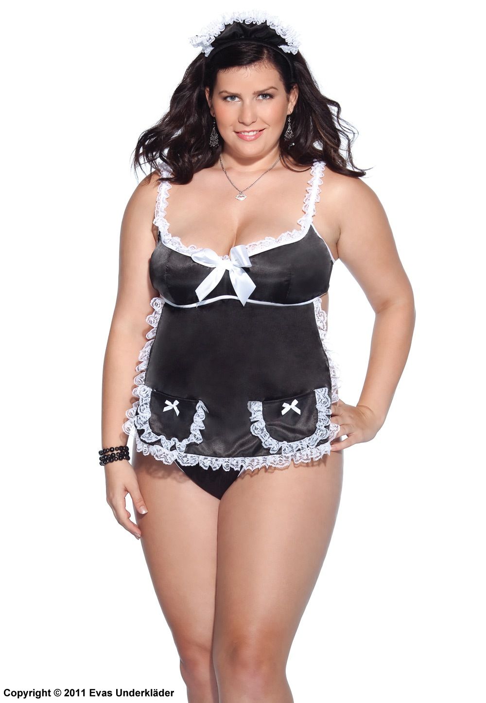 French maid, kostyme-undertøy, kniplinger, stort bånd, plus size